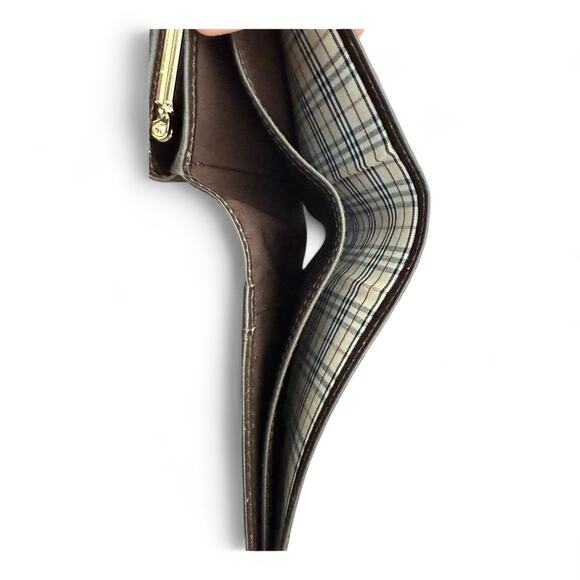 Burberry Dark Brown Leather Wallet Gold Hardware Bifold Plaid Lining Kisslock - Picture 7 of 9